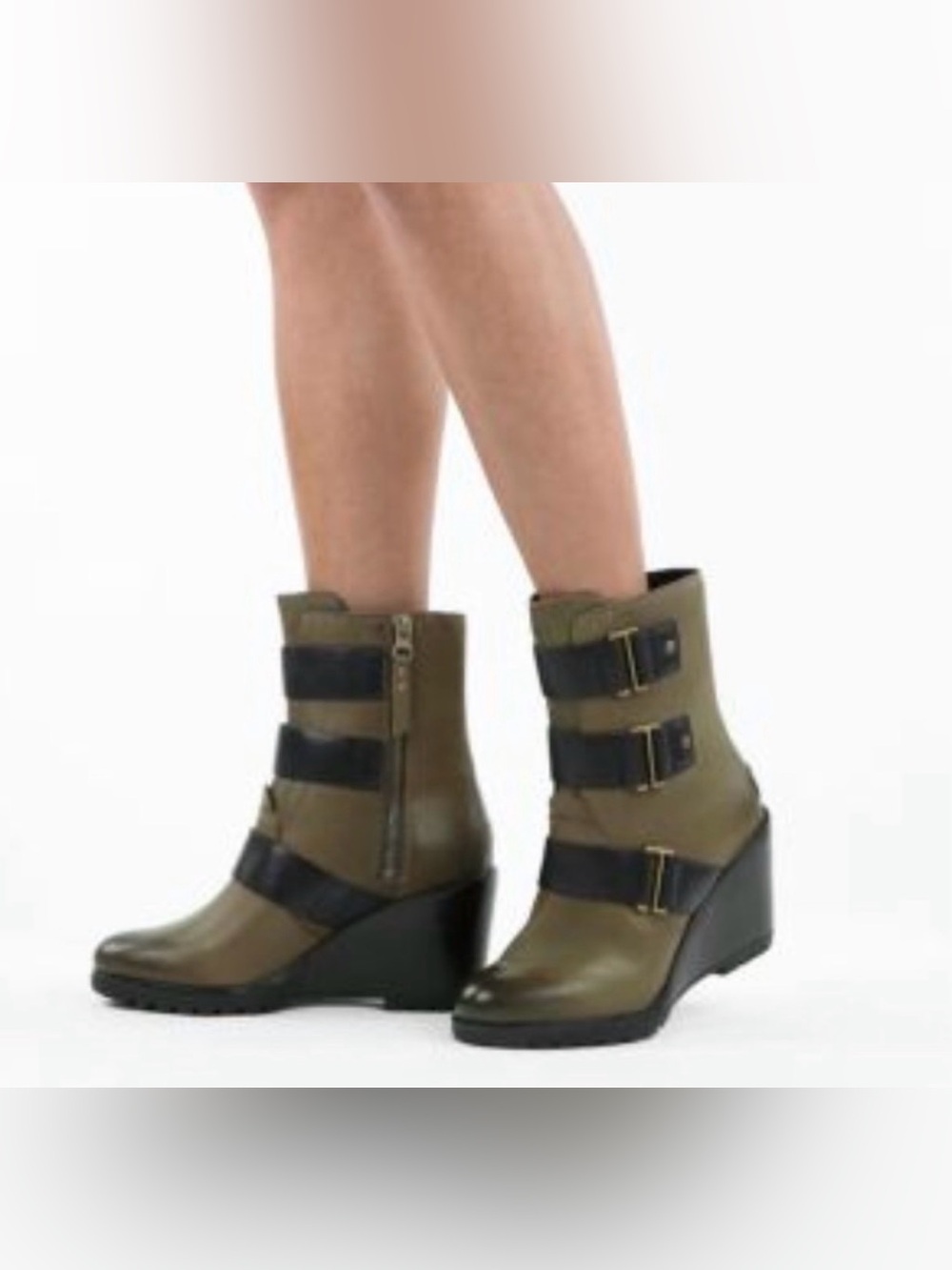 SOREL After Hours Leather Wedge Booties Olive Green Black Buckle Zip Size 9